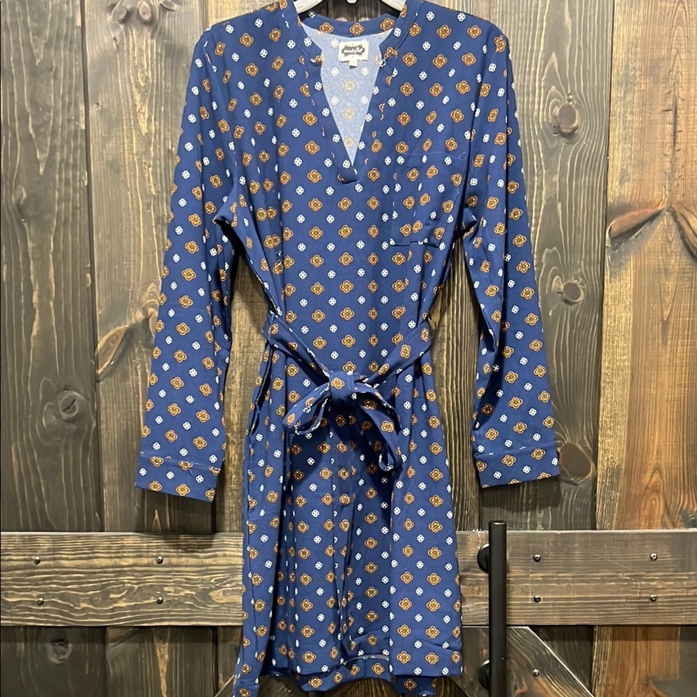 Mud Pie Belted Shirt Dress L Navy Tan Long Sleeves Split Neck Medallion Design
